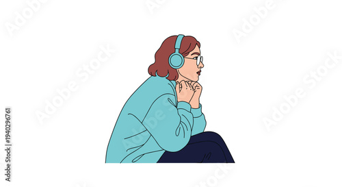 Young woman with brown hair wearing blue headphones is sitting and listening to music with a thoughtful expression.