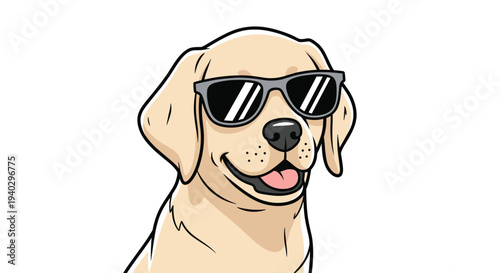 Cool golden labrador dog wearing stylish black sunglasses is looking forward with a friendly smile on its face.