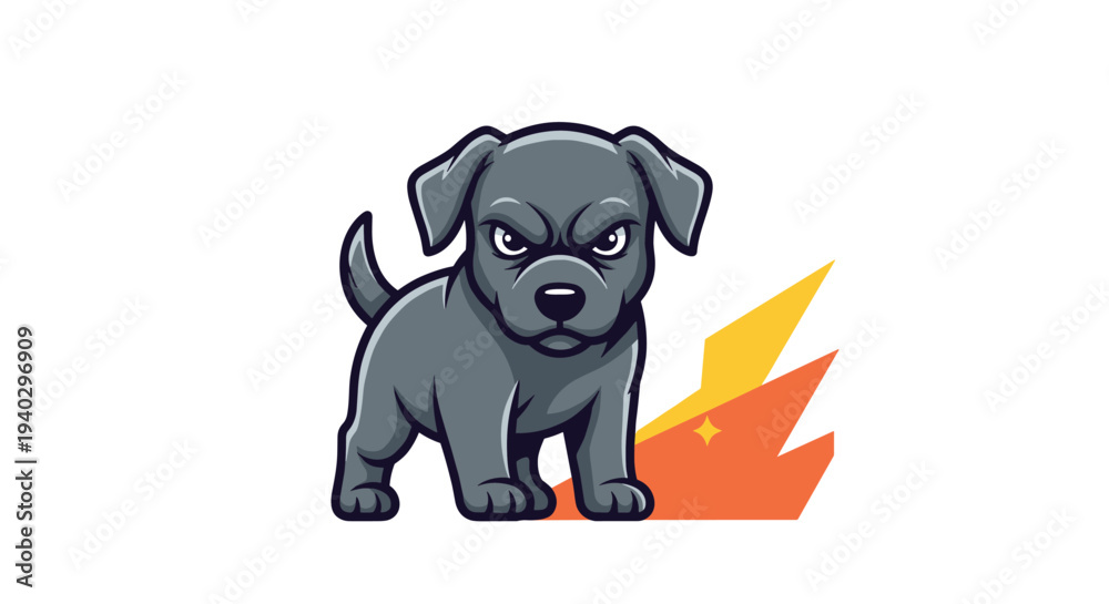 Obraz premium Tough and angry looking grey puppy dog standing in front of stylized yellow and orange lightning bolts representing power and strength.