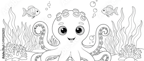 A cartoon character with big eyes and a smile in a whimsical setting