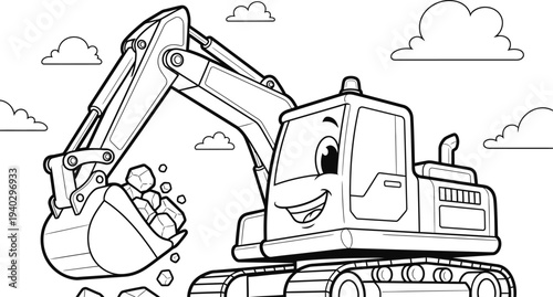 Excavator digging in the sky with clouds