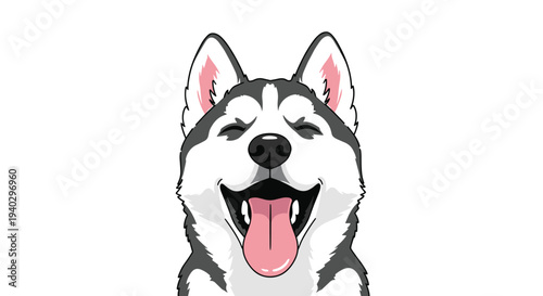 Close up portrait of a happy and laughing husky dog face with its tongue hanging out and eyes closed in a moment of pure joy and fun.