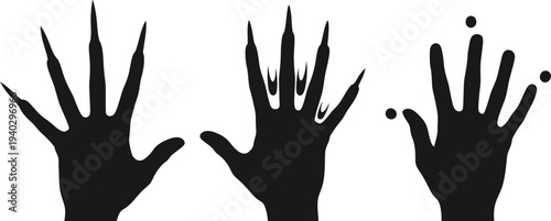 Three black hand silhouettes with varying finger positions on a white background