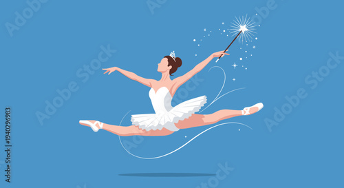 Graceful ballerina in a white tutu performing a grand jete leap with a magic wand and sparkling dust trails on a solid blue background.