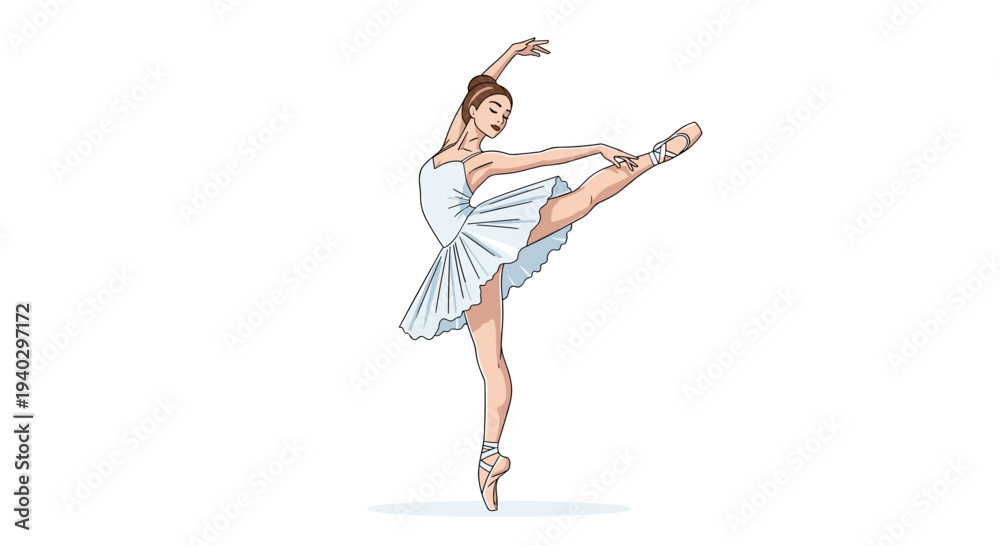 Obraz premium Elegant ballerina dancer in a white tutu performing a beautiful classic pose with one leg extended high on a simple white background.