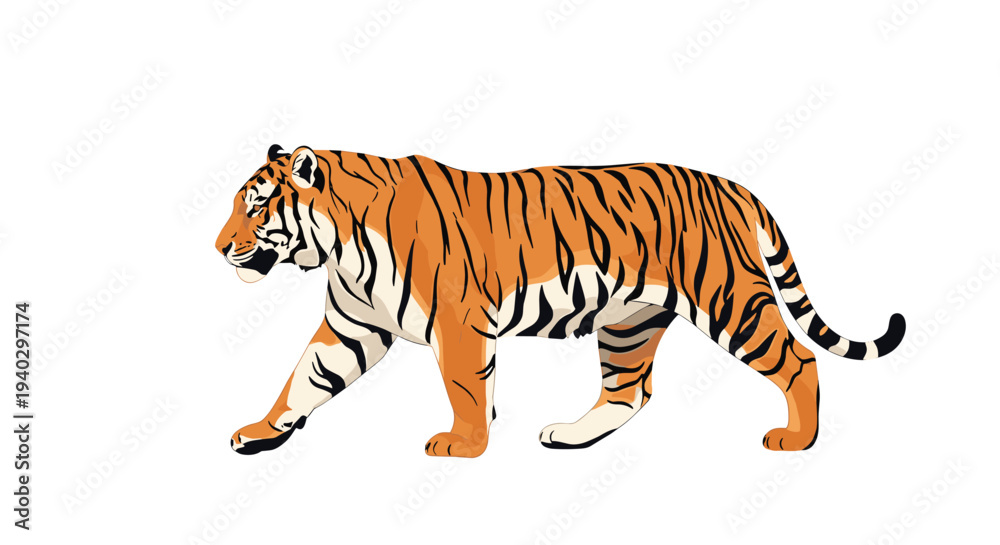 Obraz premium Detailed digital illustration of a majestic tiger walking slowly across a white background showing its orange and black striped fur.