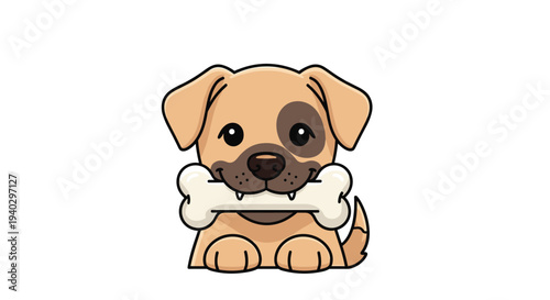 Adorable little brown puppy dog holding a large white bone in its mouth and looking directly at the camera with big dark eyes.