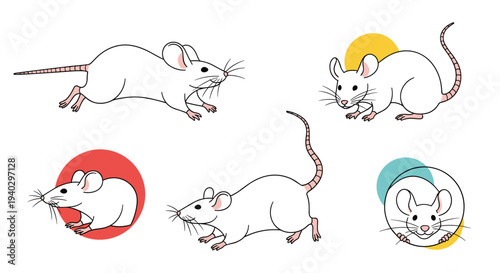 Set of five different illustrations of a white mouse in various poses like running sitting and looking through a hole with color accents.