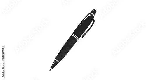 Simple and clean black icon of a ballpoint pen oriented diagonally on a white background representing writing and office supply tools.