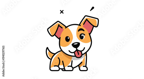 Simple cartoon illustration of a cute little brown and white puppy sitting and sticking its tongue out on a white background.