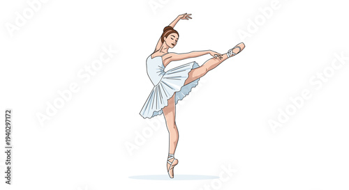 Elegant ballerina dancer in a white tutu performing a beautiful classic pose with one leg extended high on a simple white background.