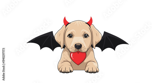 Small tan puppy dog wearing black bat wings and red devil horns holding a red heart in front of it for a cute halloween theme.