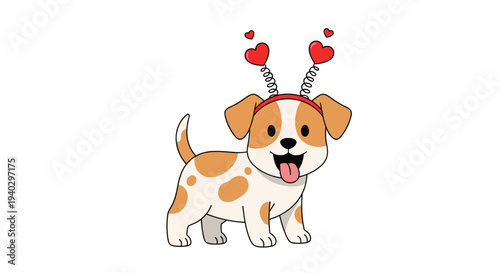 Happy spotted puppy dog wearing a fun red headband with two bouncy red hearts on springs celebrating valentines day or love.