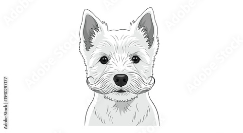 Close up portrait of a white terrier dog with a humorous long white mustache looking directly at the camera on a white background.