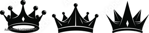 Three black crown silhouettes with varying designs and points on a white background