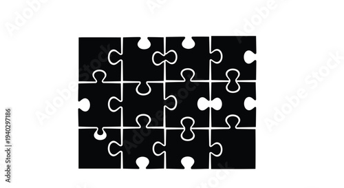 Simple black silhouette of a complete jigsaw puzzle with twelve interlocking pieces arranged in a rectangle on a white background.