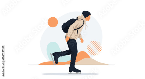 Minimalist flat illustration of a person with a backpack and beanie ice skating against a backdrop of soft shapes and circles.