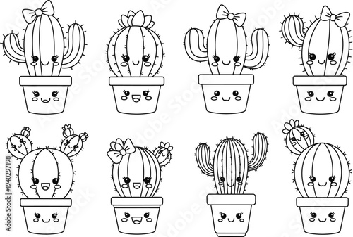 A collection of eight unique potted cacti with varying shapes and decorative bows