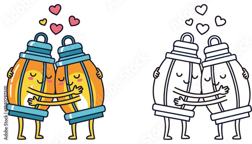 Cute Cartoon Lantern Couple Hugging with Hearts Valentine's Day Love Illustration