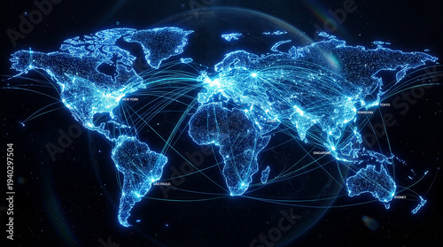 Bright blue stylized world map projection highlights global connectivity routes over a dark, subtle backdrop element.