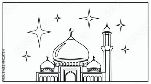 Elegant Mosque with Stars and Crescent Moon Outline Islamic Architecture for Ramadan and Eid Celebrations