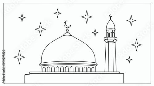 imple Mosque Outline with Stars and Crescent Moon Islamic Architecture for Coloring and Festive Designs