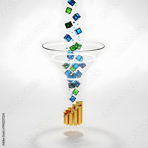 Abstract visualization of data processing, with colorful cubes flowing through a transparent funnel into ascending golden bars, symbolizing the refinement and analysis of raw information.