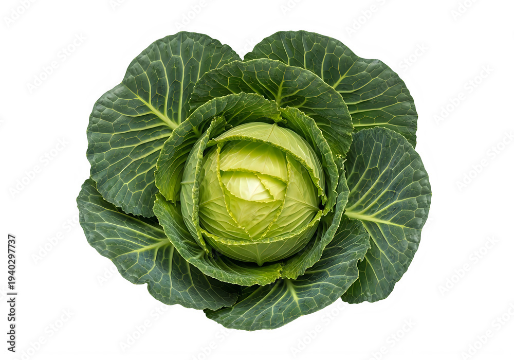 Obraz premium A green cabbage with yellow spots on a white background isolated on transparent background