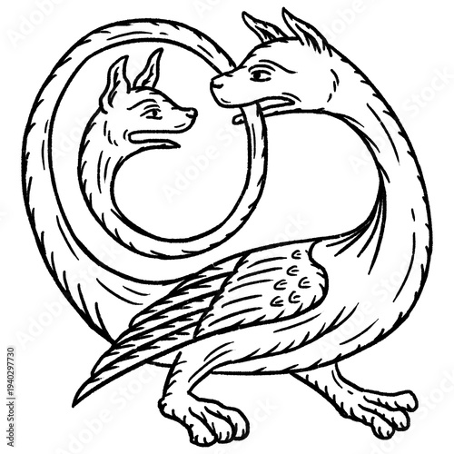 Medieval two-headed dog dragon monster – fantasy hybrid beast, vintage engraving illustration