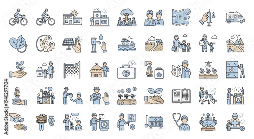 Community Health and Ecological Medical Assistance Line Icons Set on Isolated White Background