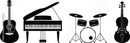 Silhouette musical instruments, guitar, piano, drum set, cello, vector illustration, black shadow design, music performance icons