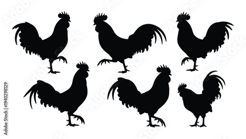 Six black silhouettes of roosters in different poses