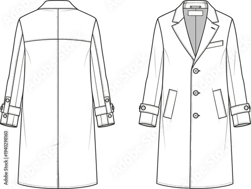 Men Long Sleeve Classic Overcoat Technical Flat Sketch, Front and Back View, Fashion CAD Drawing Template, Winter Coat Vector Illustration