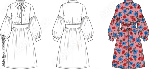 Women's pussy bow midi dress technical flat sketch, front and back view, floral print bishop sleeve gown, cad vector illustration.