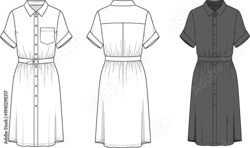 Women's short sleeve belted shirt dress technical flat sketch, front and back view, button down midi dress, cad vector illustration.