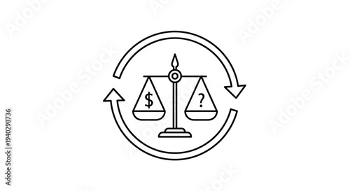 Balance Scale with Dollar Sign and Question Mark, symbolizing financial uncertainty and decision making