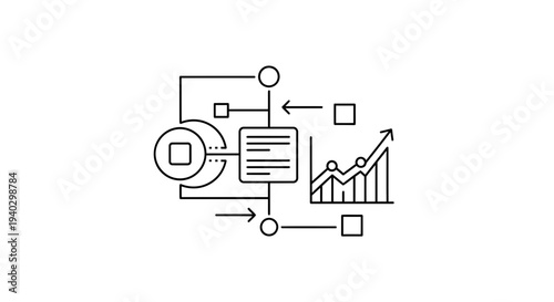 Business process flowchart with data analysis and growth graph icon