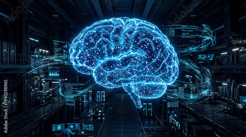 Wallpaper Mural Luminous neural network graphic of a human brain floats above server racks inside a dark technological laboratory setting. Torontodigital.ca