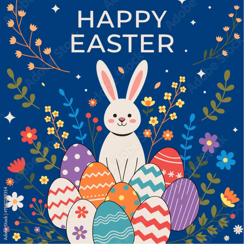 “Happy Easter Spring Background with Cute Bunny and Colorful Eggs Vector Illustration”