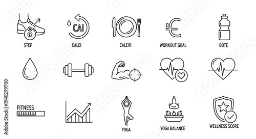 A comprehensive set of line art icons representing various aspects of health, fitness, and wellness, including exercise, nutrition, and personal progress tracking.