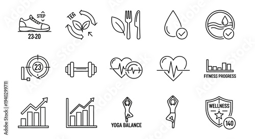 A collection of line art icons representing health, fitness, wellness, and a balanced lifestyle, including symbols for exercise, nutrition, hydration, and progress tracking.