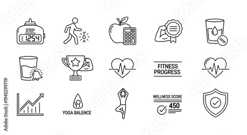 A comprehensive set of line icons representing various aspects of health, fitness, wellness, and personal progress, including exercise, nutrition, hydration, and achievements.
