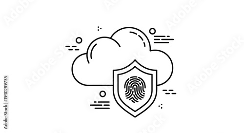 Line art icon of cloud computing security with a shield and fingerprint, representing data protection and biometric authentication.