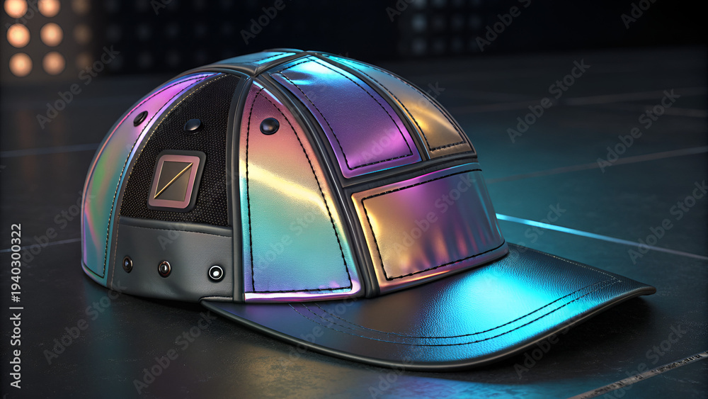 Fototapeta premium Futuristic techwear cap with holographic panels on dark background neon lights reflecting off surface