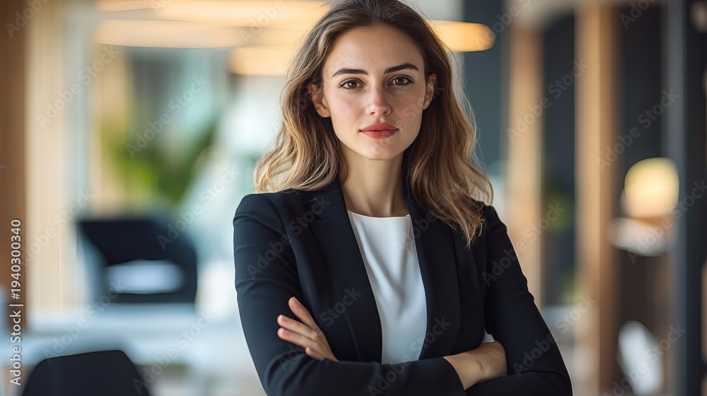 Fototapeta premium A confident businesswoman standing with her arms crossed in a modern office environment.