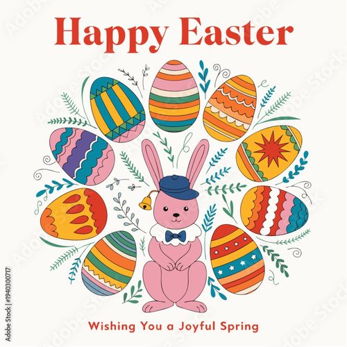 “Happy Easter Spring Background with Cute Bunny and Colorful Eggs Vector Illustration”