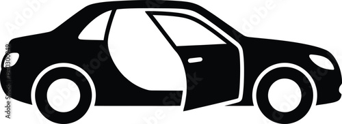 Black silhouette icon of a sedan car with the front door open isolated on white background for travel and transport.