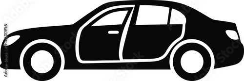 Black silhouette of a modern sedan car icon isolated on white background for automotive transportation design vector.