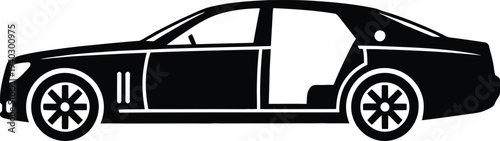 Luxury executive sedan car silhouette with open door for passenger entry transport and travel service icon design.