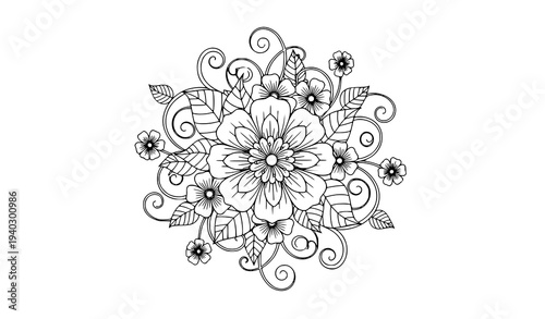 Black and white floral coloring page with elegant blooming flowers and leaves vector line art for adult coloring book